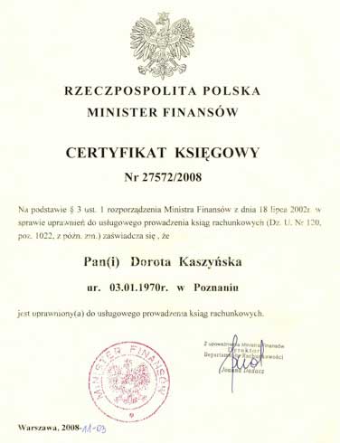 Biuro rachunkowe PROFIT Certyfikat